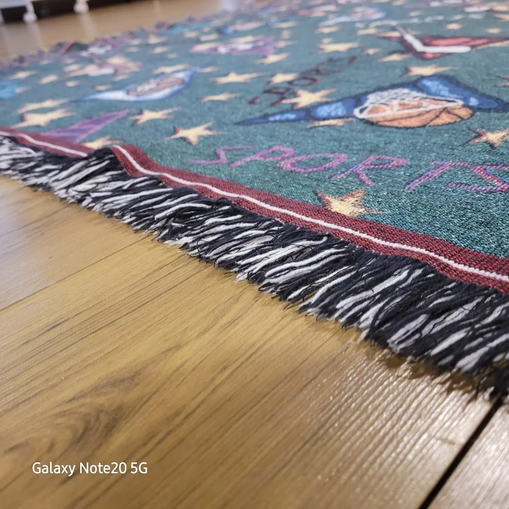 Green Sports-Themed Woven Throw with Multicolor Motifs